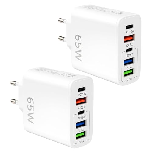 Cargador USB C 65W 2 Piezas, Cargador Múltiple 5 Puertos (2 USB-C PD 20W/15W + 3 USB QC 3.0), Carga Rápida para iPhone 16 15 14 13 12 Pro MAX para xiaomi Huawei iPad, Enchufe USB Compacto