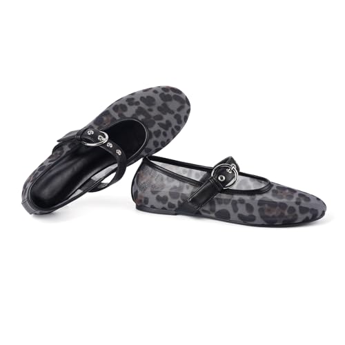 Image of Gothictor Women's Mesh Ballet Flats Round Toe Leopard Mary Jane Shoes Women | Cushioned Comfort, Easy to Style, Buckle Strap, Cheetah Print, Ballerina, Breathable, Wide Width, Non-Slip, Dressy Casual