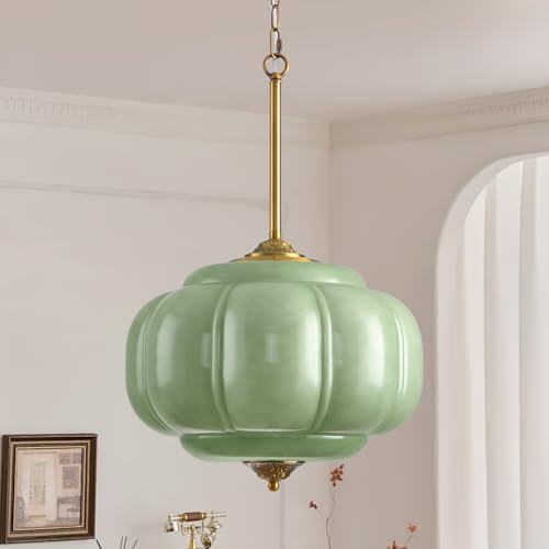 Pandaluna Green Glass Pendant Light, 15in Large Schoolhouse Light Fixture,