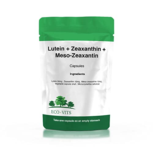 ECO-VITS Lutein (50mg) Zeaxanthin (10mg) & Meso-Zeaxanthin (10mg) 120 Capsules, Recyclable Packaging, Sealed Pouch. Macular Pigment & Blue Light Defense, High Potency