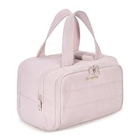 BAGSMART Travel Toiletry Bag, Lightweight Large Wide-Open Travel Bag for Women, Puffy Cosmetic Makeup Bag Organizer with Handle for Accessories,Essentials, Toiletries, Pink