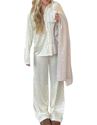 Women 2 Piece Floral Pajama Set Button Down Long Sleeve Wide Leg Fruit Set Cute Pjs Y2K Loungewear Sleepwear S-XL