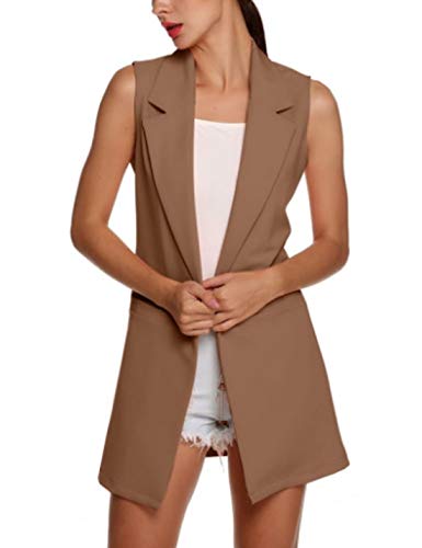 Flygo Women's Long Sleeveless Duster Trench Vest Casual Open Front Cardigan Blazer Jacket with Pockets (Khaki, Large)