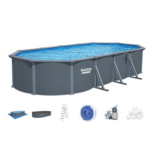 Bestway Hydrium 24' x 12' x 52' Above Ground Pool, Oval Steel Side Wall Frame Outdoor Swimming Pool Set with Sand Filter Pump, Polysphere Filtration Balls, Ladder & Accessories
