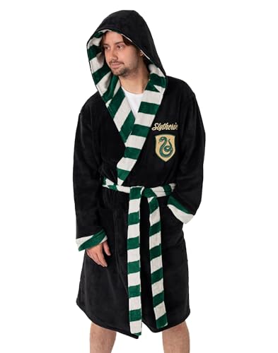 Harry Potter Slytherin Unisex Black Hooded Bathrobe | Cosy Fleece Loungewear for Home & Lounging | Long Sleeve Tie Closure | Movie Merchandise Merch - Large