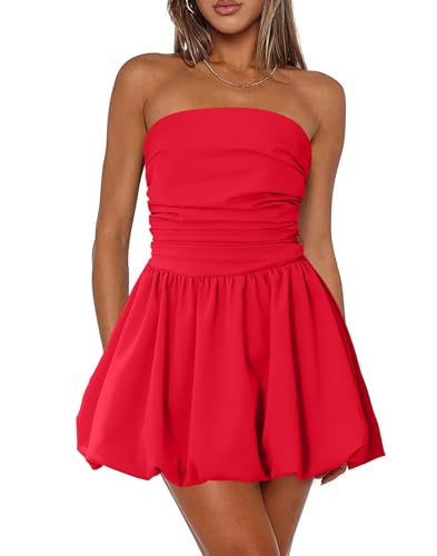 Image of Women's Strapless Bubble Mini Dress Tube Top Ruched Bow Tie Back Party Cocktail Dresses