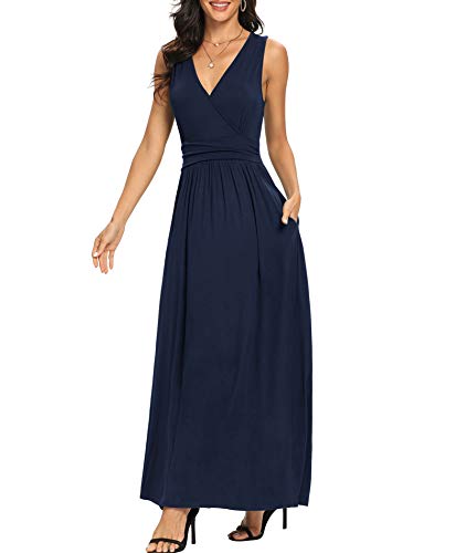 Lilbetter Women's Sleeveless Loose Plain Maxi Dresses Casual Long Dresses With Pockets(Navy Blue,Large) #TOP1