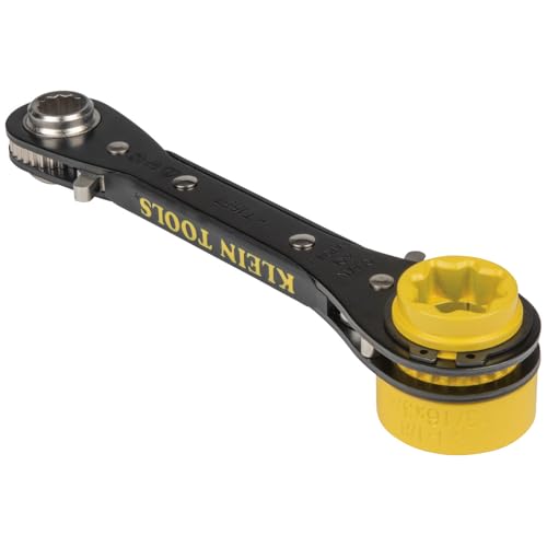 KLEIN TOOLS KT155T 6-in-1 Lineman's Ratcheting Wrench with Bolt Through Design and Bright Yellow Socket