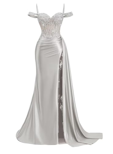 Off Shoulder Satin Prom Dresses 2026 Mermaid Beaded Formal Dresses Lace Pleated Evening Dress with...