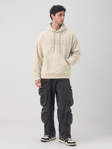 Image of The Souled Store Creme Men and Boys Full Sleeves Hooded Neck Solid Embroidered Polar Fleece Soft Fleece Winter Wear Oversized Pullover Hoodie