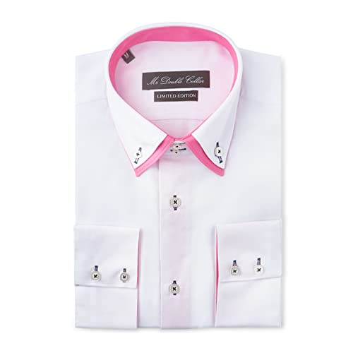 MrDoubleCollar Chemise blanche à manches longues pour homme Design italien décontracté Double col – Plusieurs variations, Blanc avec col rose, XXL