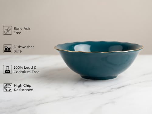 Image of Bodhi House 2-Piece Gold Rim Porcelain Serving Bowl Set | Lightweight, Chip Resistant, | Dishwasher Safe | Elegant Tableware for Home Dining, Parties, Serving & Gifting Use | Teal