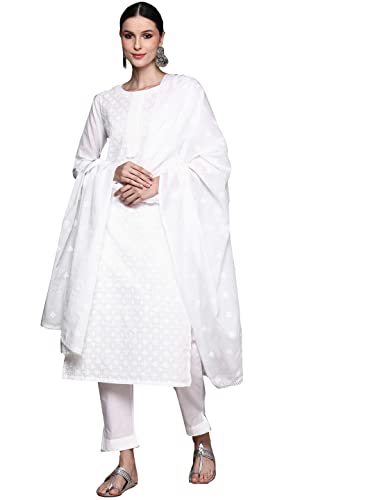 Image of ishin Women's Cotton White Embroidered A-Line Kurta & Trouser & Dupatta