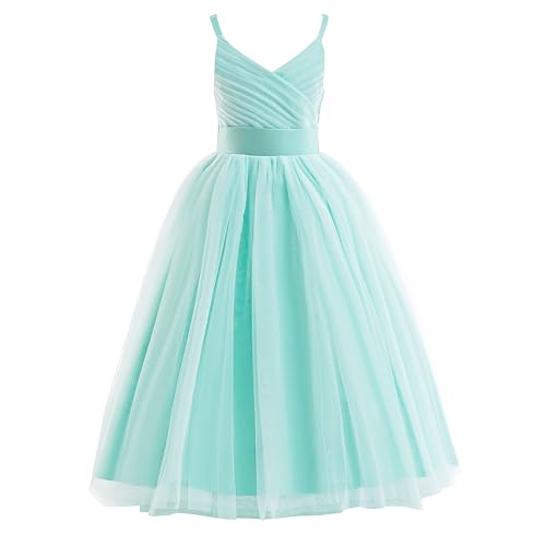 Image of Glamulice Flower Girls Spaghetti Strap Tulle Dress Long A Line Wedding Pageant Dresses Princess Birthday Party Ball Gown