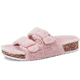 Cozyfurry Womens Slippers Open Toe Fuzzy Lining Sandals with Arch Support, Adjustable Buckle Outdoor Slipper Pink 9