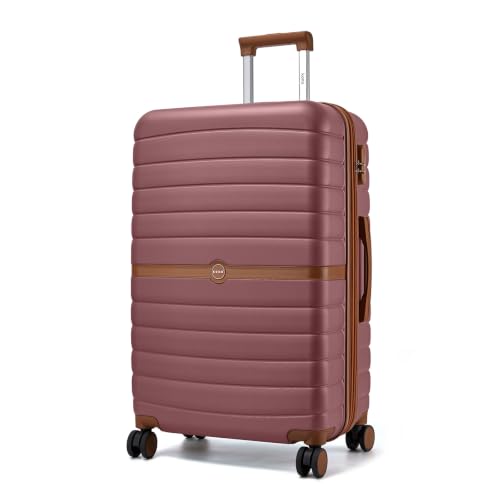 Kono Expandable 28 Inch Luggage with Spinner Wheels, Large Checked Luggage with Lock, Lightweight & Anti-Scratch PC+ABS Hardshell Travel Suitcase, Burgundy/Brown