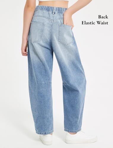 EXARUS Girls Wide Leg Jeans Baggy Barrel Cropped Ankle Length Denim Pants Mid Rise Elastic Band with Pockets Kids 6-14Y2