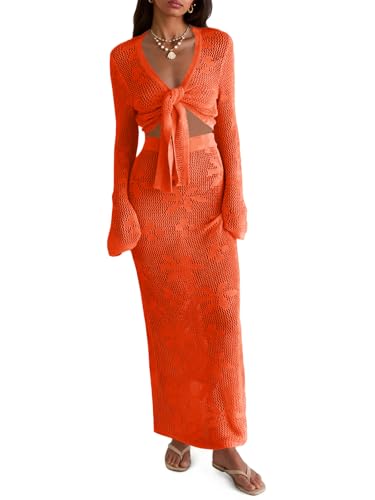 Saodimallsu Womens Crochet Swim Cover Up 2 Piece V Neck Long Sleeve Wrap Tie Crop Tops Beach Boho Maxi Coverup Set Orange