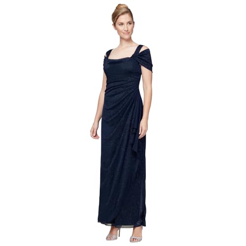 Image of Plus Cold Shoulder Glitter Mesh Dress with Draped Skirt & Cowl Neckline