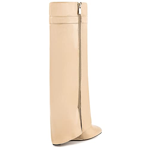 Image of Fold Over Boots for Women Pointy Pull-on Wedge Heel Knee Shark Boot With Side Zipper Padlock Design