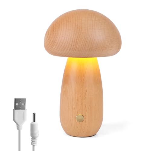 Mushroom Lamp Wooden, Portable Dimmable Bedside Lamp with USB Charging, Wireless Night Light