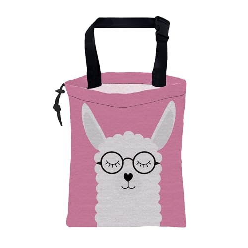 Image of Car Garbage Bag Cute White Alpaca in Glasses Drawstring Car Trash Bag Hanging for Back Seat with Adjustable Buckle Canvas Vehicle Trash Can Easy-to-Install