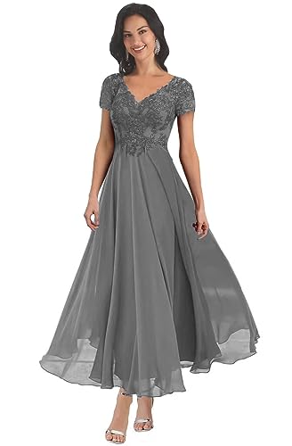 BANTRATIC Mother of The Bride Dresses for Wedding Lace Appliques V Neck Short Sleeve Corset Chiffon Back Bridesmaid Dress2