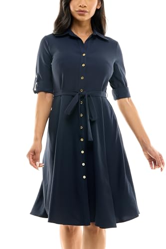 Image of Sharagano Women's Pleated Shirt Dress - 3 /4 Sleeve, V-Neck, Gold Buttons