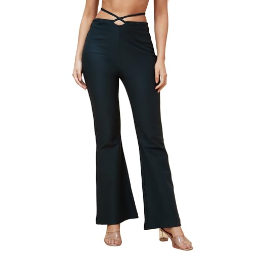 Image of Globus Women Black Solid High-Rise Slip-On Bootcut Tregging with Waist Tie Up-3639478001