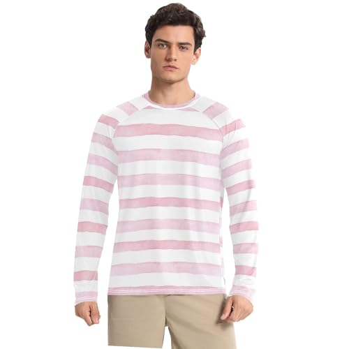 Pink Stripe Sun Protection SPF Rash Guard Shirt Fishing Round Neck Mens Sun Protection Long Sleeve Beach
