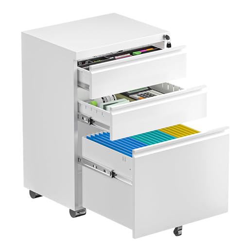 Bonusall 3 Drawer White File Cabinet, Fully Assembled Metal Rolling Filing Cabinet with Lock, Under...