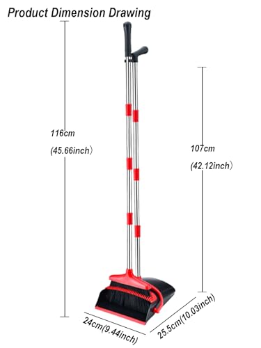 Xifando Besen- und Kehrschaufel-Set, aufrecht, winddicht, langer Griff, Besen und Kehrschaufel mit Zähnen für Zuhause, Küche, Zimmer, Büro, Lobby, Bodenreinigung (schwarz + rot) – Bild 4