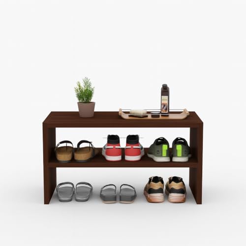 Image of Enigmatic Woodworks Wooden Shoe Rack for Home, Chappal Slippers Organizer Stand I 2-Tier I Finish-Suede DIY (Walnut)