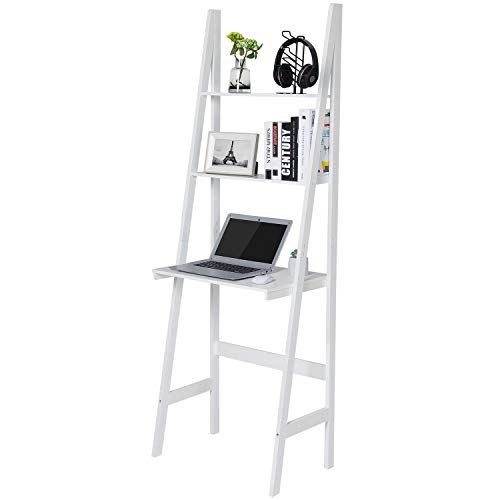 Itaar 3-Tier Ladder Desk, Ladder Stand Shelf Bookcase with Storage Shelves, Study Wall Shelf with Wooden Frame, Modern Ladder Computer Desk and Bookshelf for Home Office, White