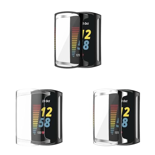 Funda compatible con Fitbit Charge 6, 3 unidades de protector de pantalla de TPU flexible, resistente a los arañazos, carcasa protectora para Fitbit Charge 6/Charge 5 (negro/transparente/plata)