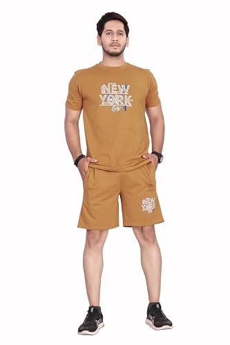 Image of HOODMASTER Men's Cotton Night Suit Set of Top & Knee Length Shorts with Round Neck Half Sleeves Solid Pattern Regular Fit and Standard Length | Mens Cotton Night Suit | T-Shirt and Shorts Sets