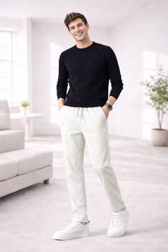 Image of Men's Comfortable Corduroy Pants | Relaxed Fit Stretch Waist Trousers for Everyday Wear Cream