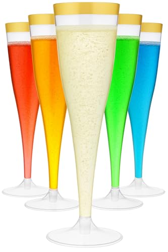 Oojami 30 Plastic Classic Champagne Disposable Flutes for Parties Plastic cups Wedding Party Toasting Cocktail Cups Bulk Party Pack (Gold Rim)
