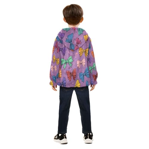Colorful Bows on Purple Toddler Fleece Jacket Girl Boys Hooded Fleece Jacket Coat Warm Outwear Zip-up 3-10T4