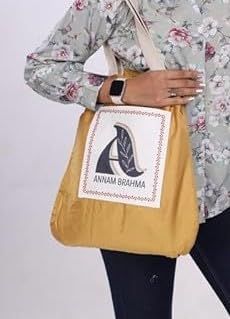 ANNAM BRAHMA Cotton Tote Bag | Stylish Jhola Bag for Women with Pockets | Shopping Grocery, Vegetables, Kitchen Essentials, and Daily Use | Durable, Strong Stitching & Handles (Yellow) 3