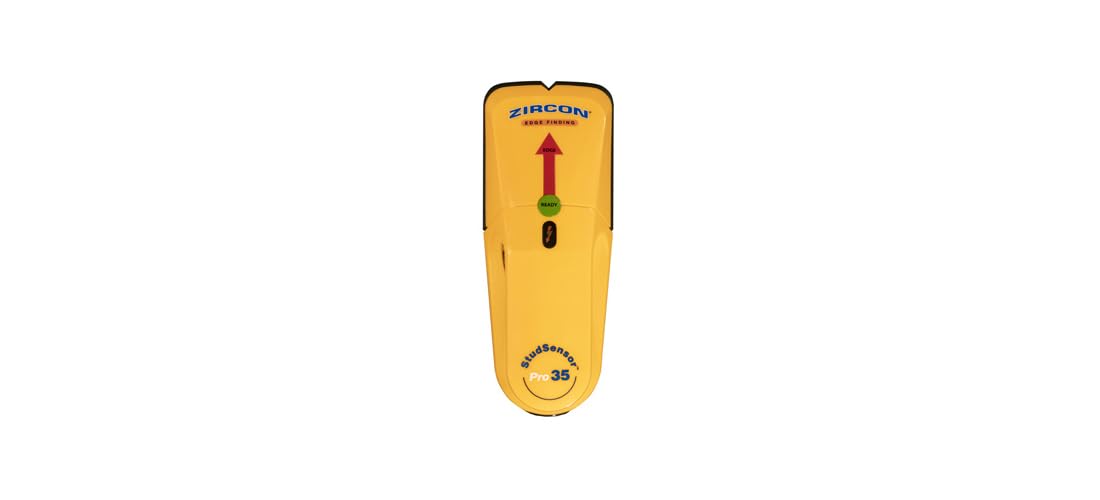 Zircon 69580 Pro 35 Stud Sensor, a yellow handheld device with a red laser pointer at the top and indicator lights on the front.