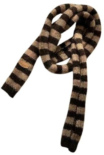 Y2K Thin Striped Knitted Scarf Lightweight Color-Block Scarves with Leather Detail for Spring Fall Winter Outfits