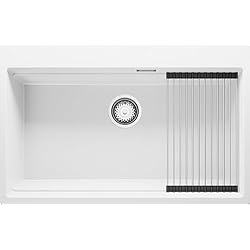 Fregadero Roca Blanco Fregadero Cocina 78 x 50 cm, Fregadero Granito Un Seno + Sifón Clásico, Fregadero Empotrado Oslo 80 Level de Primagran, Blanco