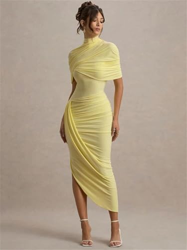 Women Half Sleeve Backless Ruched Sexy Maxi Dress Turtleneck Slim High Waist Evening Club Party Long Dress2