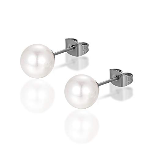 TGNEL Titanium Pearl Earrings Studs, Round White Simulated Shell Pearl Earrings hypoallergenic for Women Girls Sensitive Ears| Pure Titanium Earring backs Included (8mm)