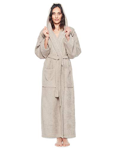 Arus Women's Hooded Classic Bathrobe Turkish Cotton Robe with Full Length Options (S-M Long,Latte)