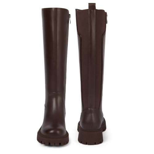 Image of TEAIEU Knee High Boots for Women, Platform Chunky Block Low Heel Tall Boots, Round Toe Side Zipper Fall Long Boots for Dress, Stretch Calf, Comfortable
