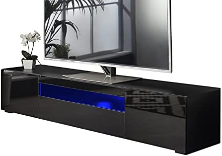 MMT Furniture Designs Ltd Modern Black 78.7" Matt Gloss Modular TV Cabinet with Blue LED Lights for 50 55 60 65 70 75 80 inch LED LCD Plasma TV