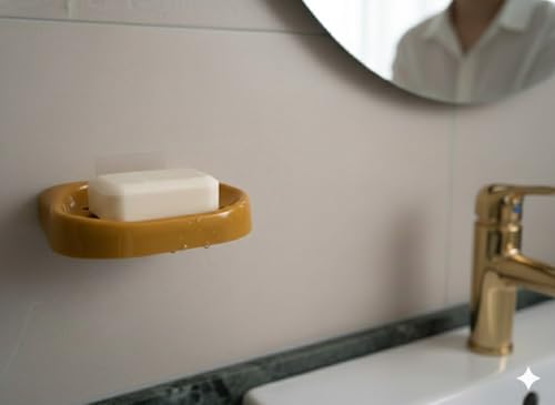 Image of CIPLA PLAST Self Adhasive Wall Mounted Soap Dish Holder, Golden Coloue, Plastic, Drainage Design, Adhesive Mount, Bathroom Organizer, Pack of 2