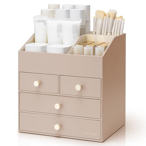Vlando Make up Organizer mit 4 Schubladen, Schminktisch/Kosmetik/Skincare/Parfüm Organizer, für Badezimmer, Dresser Skincare, Milchkaffee 4 Schublad